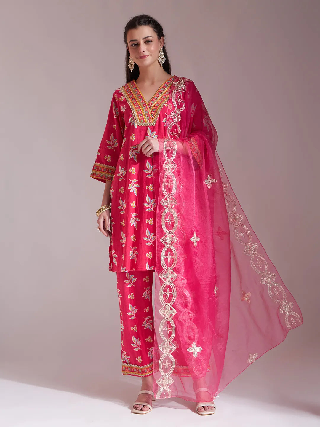 Yufta Pink Cotton Lace Work Kurta Set With Pant Dupatta