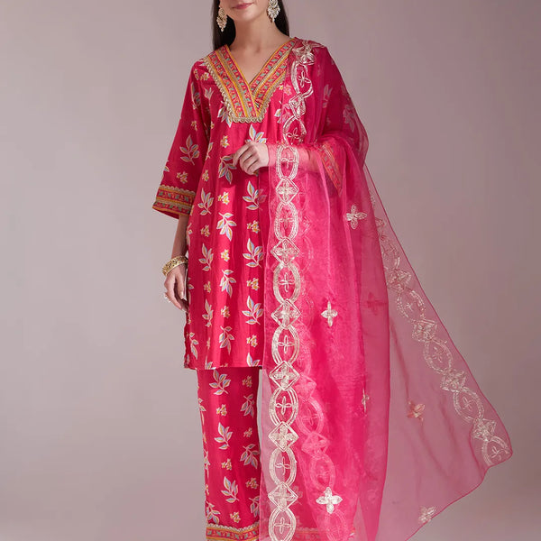 Yufta Pink Cotton Lace Work Kurta Set With Pant Dupatta - Distacart
