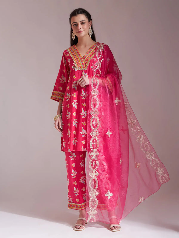 Yufta Pink Cotton Lace Work Kurta Set With Pant Dupatta
