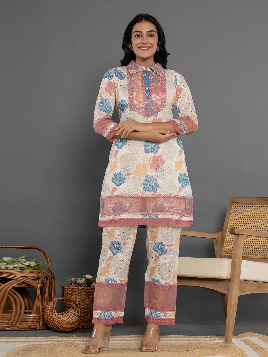 Yufta Pink Cotton Schiffli Co-Ord Set With Lace Detailing - Distacart