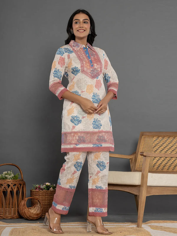 Yufta Pink Cotton Schiffli Co-Ord Set With Lace Detailing