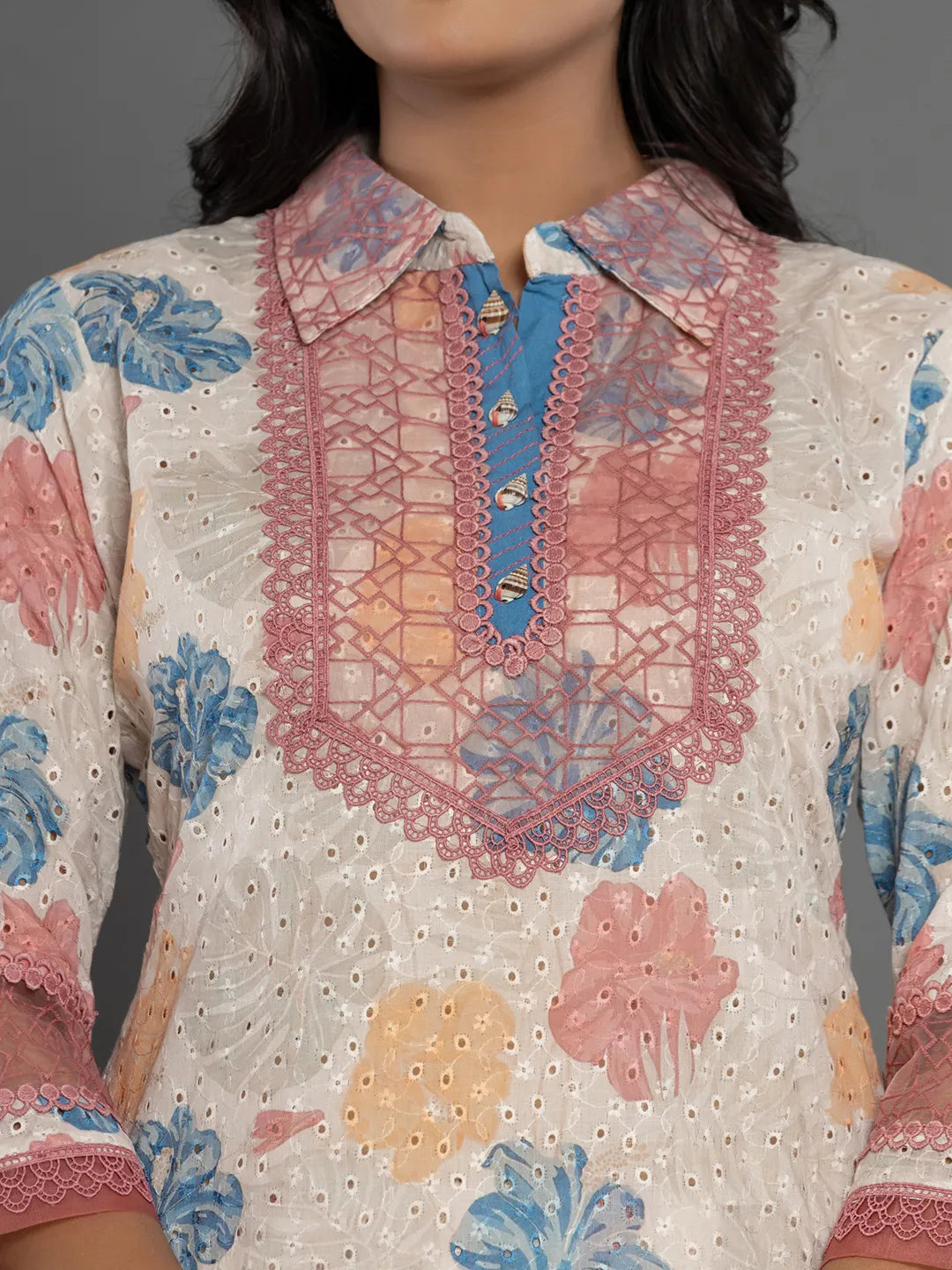 Yufta Pink Cotton Schiffli Co-Ord Set With Lace Detailing