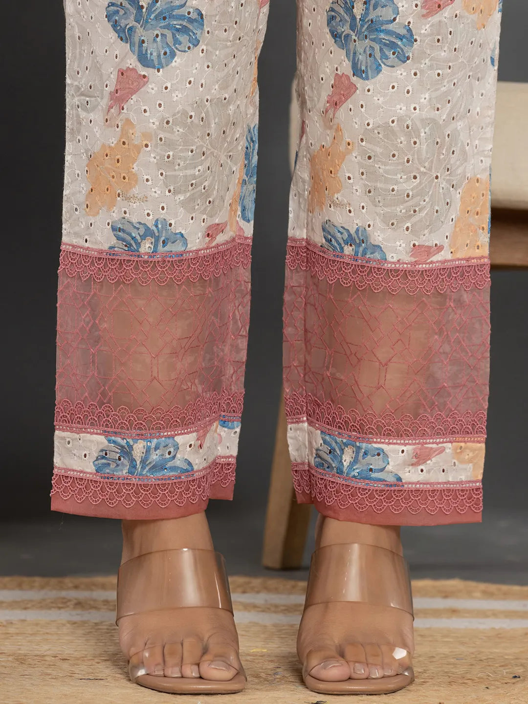 Yufta Pink Cotton Schiffli Co-Ord Set With Lace Detailing
