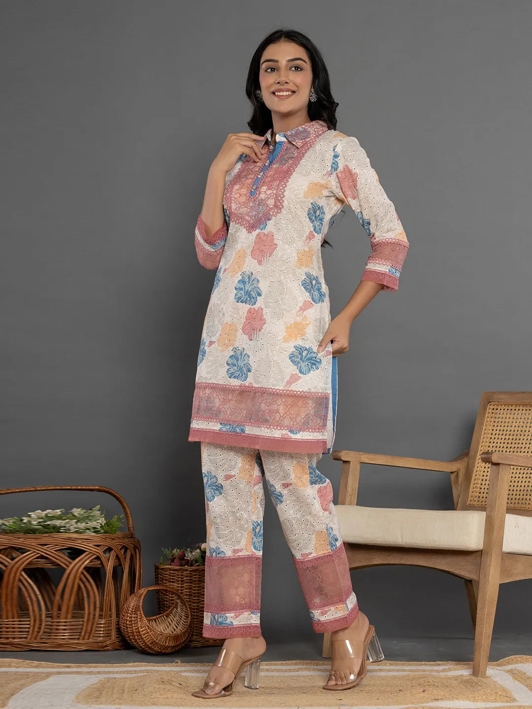 Yufta Pink Cotton Schiffli Co-Ord Set With Lace Detailing