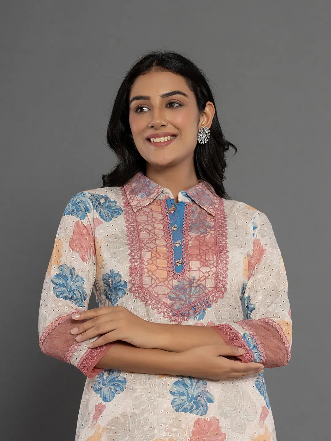 Yufta Pink Cotton Schiffli Co-Ord Set With Lace Detailing