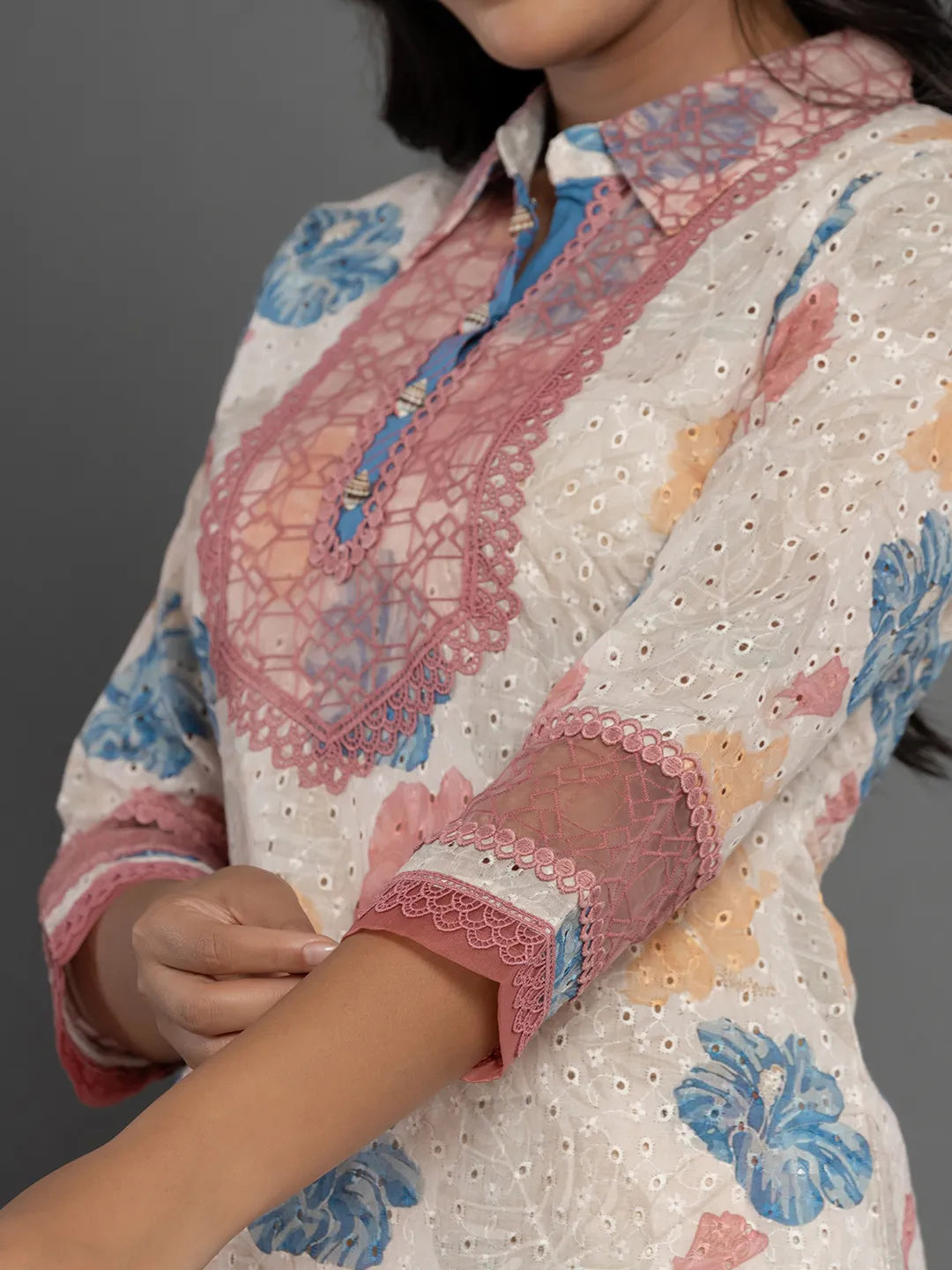 Yufta Pink Cotton Schiffli Co-Ord Set With Lace Detailing
