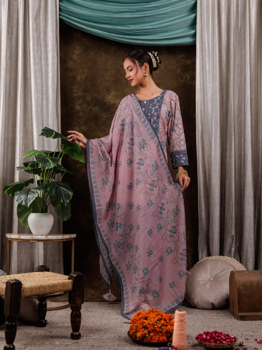 Yufta Pink Cotton Schiffli Floral Print Kurta Dupatta Set With Lace Detailing - Distacart