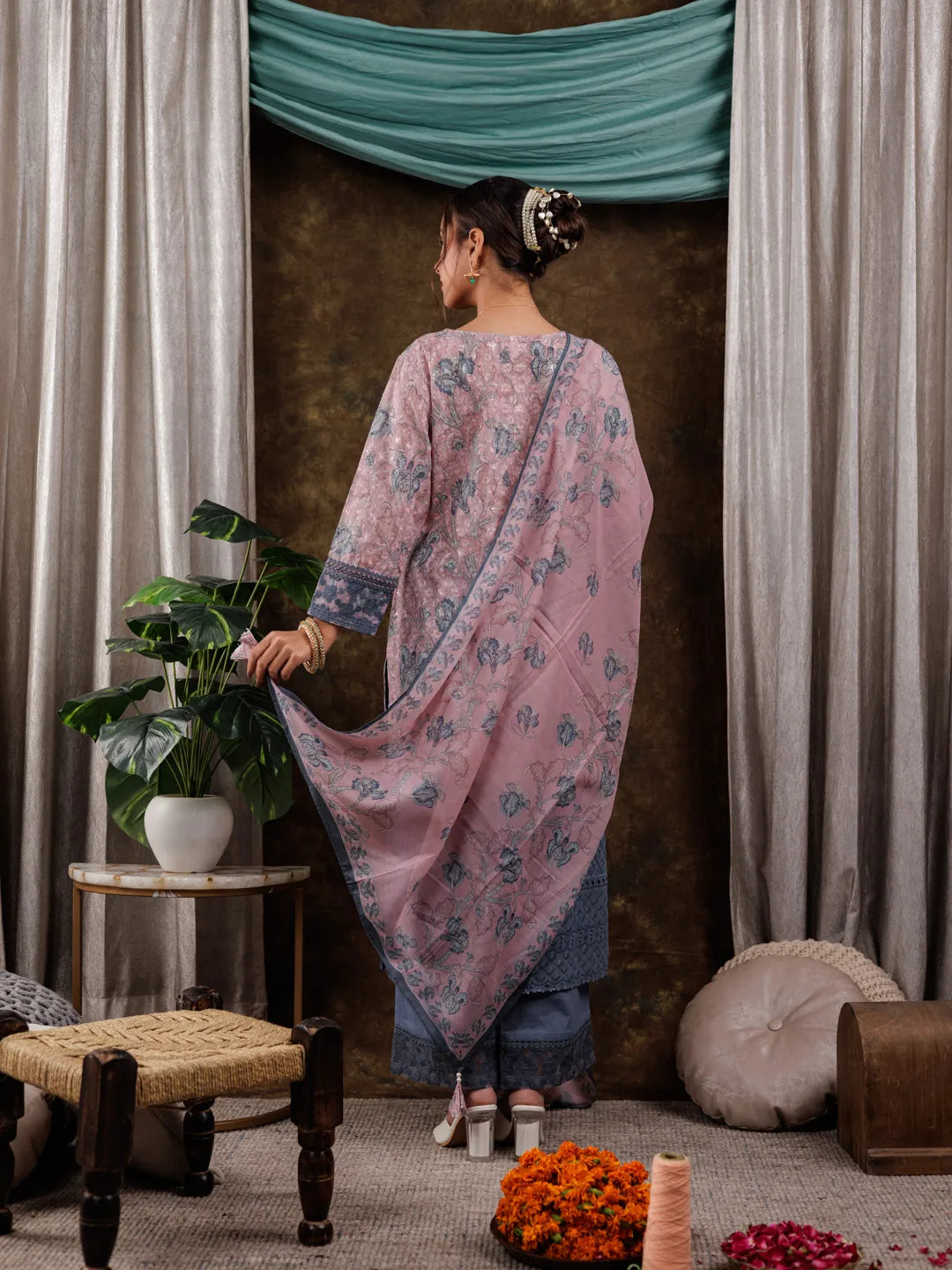 Yufta Pink Cotton Schiffli Floral Print Kurta Dupatta Set With Lace Detailing
