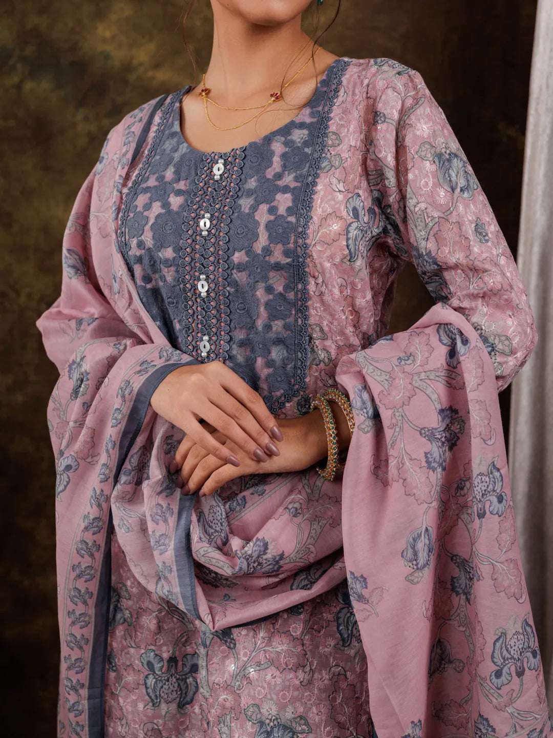 Yufta Pink Cotton Schiffli Floral Print Kurta Dupatta Set With Lace Detailing