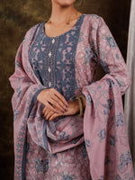 Thumbnail for Yufta Pink Cotton Schiffli Floral Print Kurta Dupatta Set With Lace Detailing