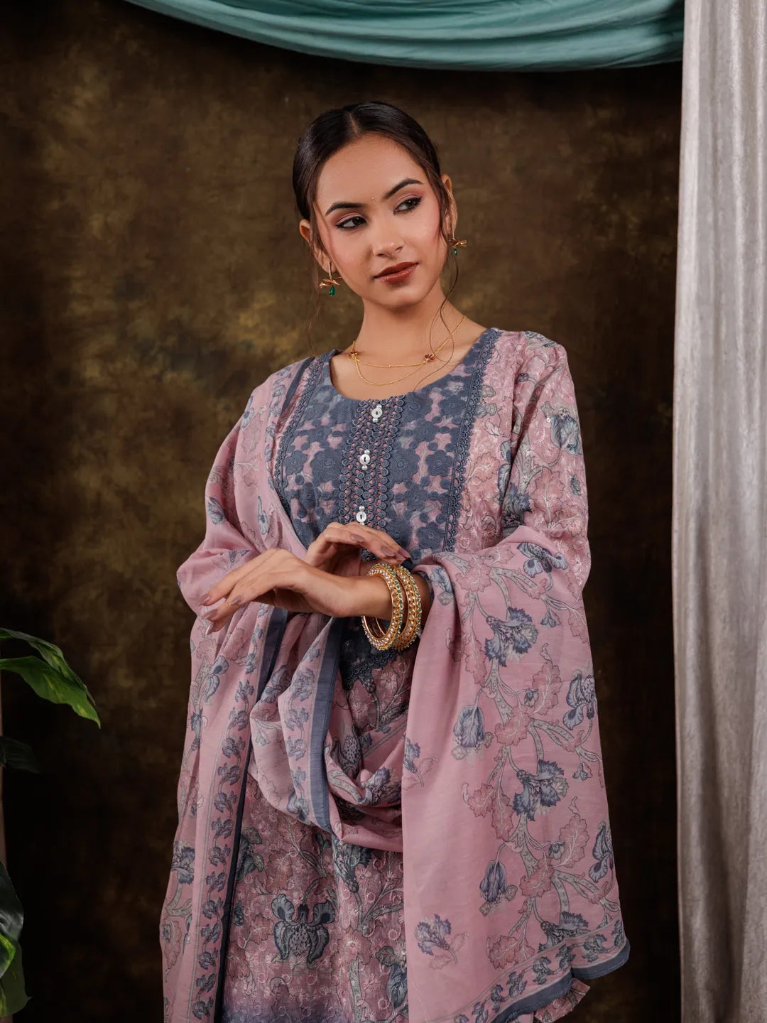 Yufta Pink Cotton Schiffli Floral Print Kurta Dupatta Set With Lace Detailing
