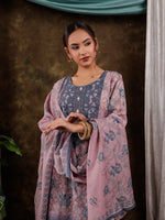 Thumbnail for Yufta Pink Cotton Schiffli Floral Print Kurta Dupatta Set With Lace Detailing