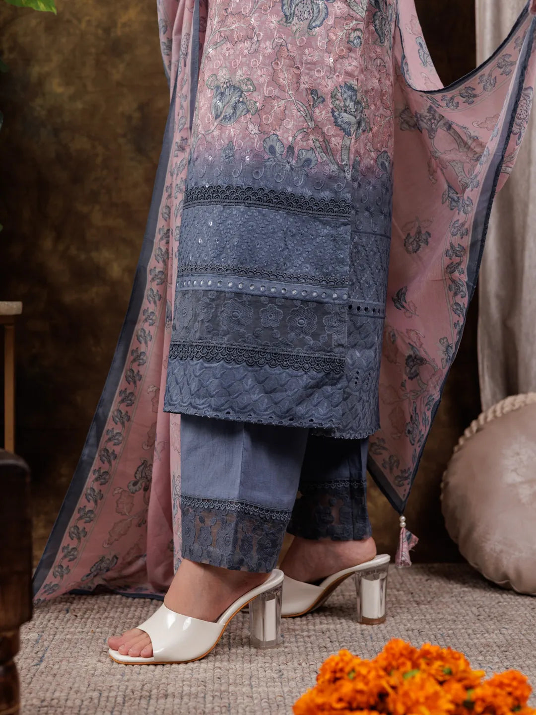 Yufta Pink Cotton Schiffli Floral Print Kurta Dupatta Set With Lace Detailing
