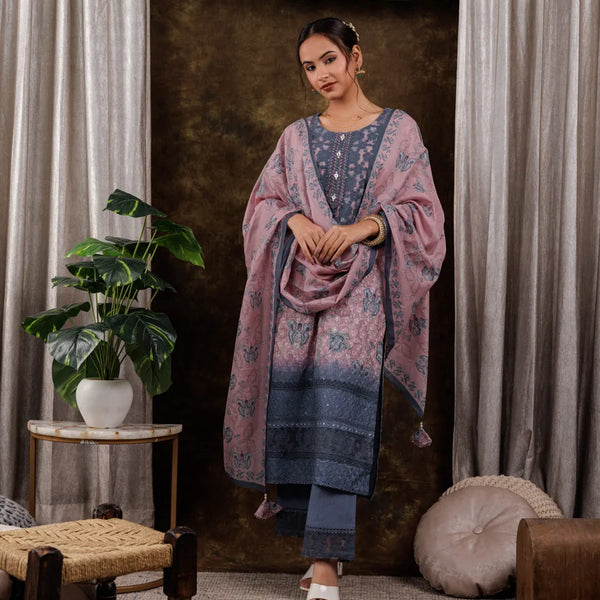 Yufta Pink Cotton Schiffli Floral Print Kurta Dupatta Set With Lace Detailing - Distacart