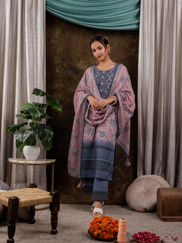 Yufta Pink Cotton Schiffli Floral Print Kurta Dupatta Set With Lace Detailing