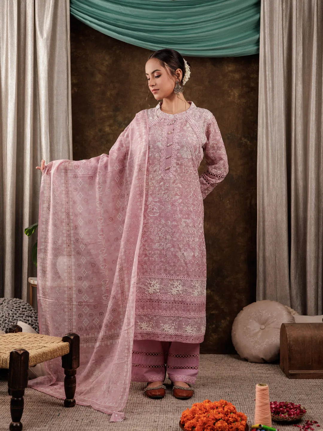 Yufta Pink Cotton Schiffli Kurta Dupatta Set With Lace Detailing - Distacart