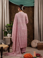 Thumbnail for Yufta Pink Cotton Schiffli Kurta Dupatta Set With Lace Detailing