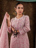 Thumbnail for Yufta Pink Cotton Schiffli Kurta Dupatta Set With Lace Detailing