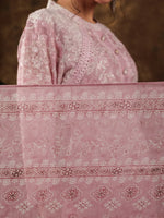 Thumbnail for Yufta Pink Cotton Schiffli Kurta Dupatta Set With Lace Detailing