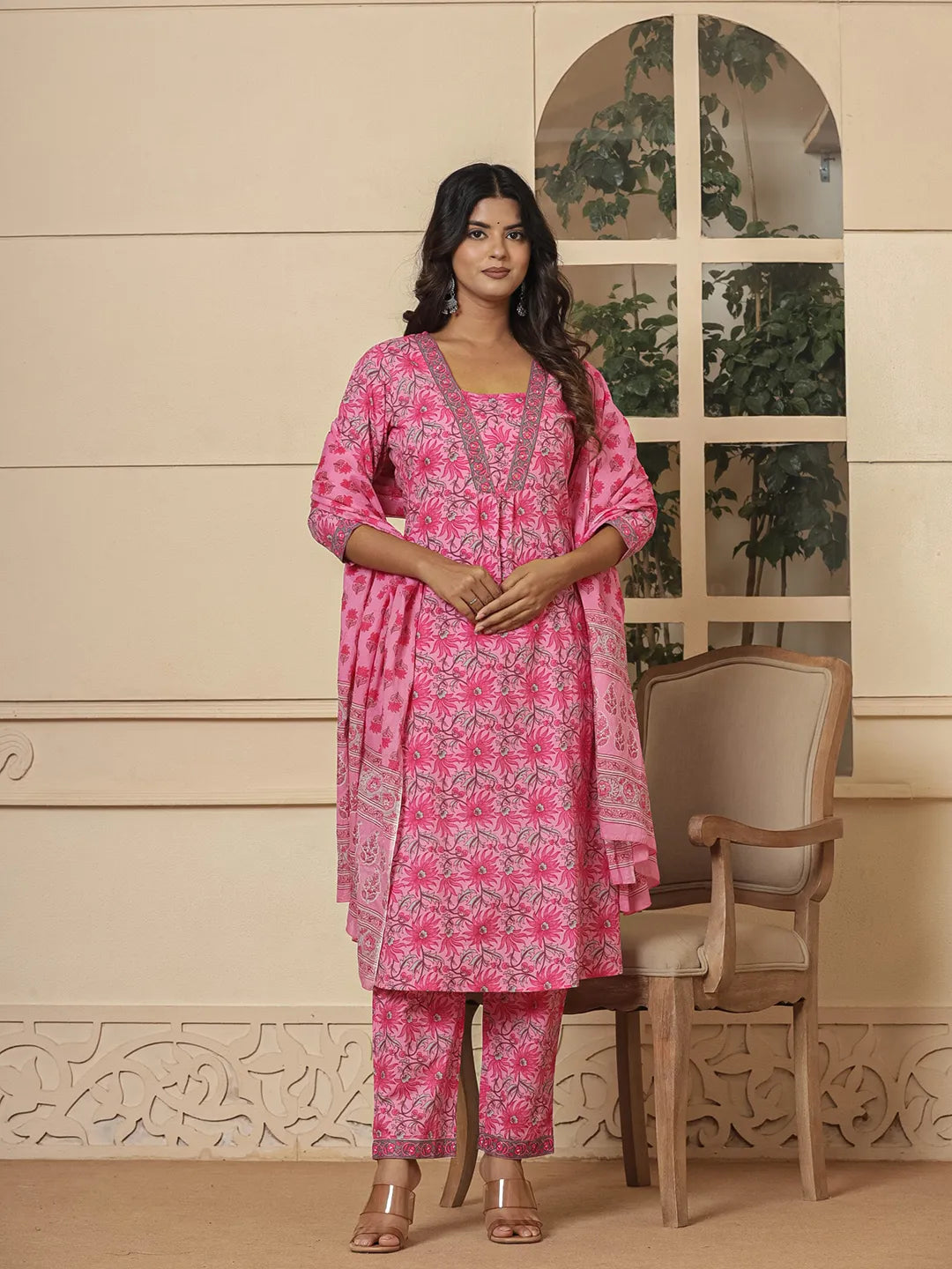 Yufta Pink Cotton Sequins_Work Kurta Dupatta Set - Distacart