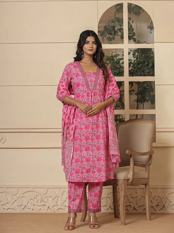 Yufta Pink Cotton Sequins_Work Kurta Dupatta Set