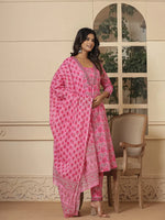 Thumbnail for Yufta Pink Cotton Sequins_Work Kurta Dupatta Set