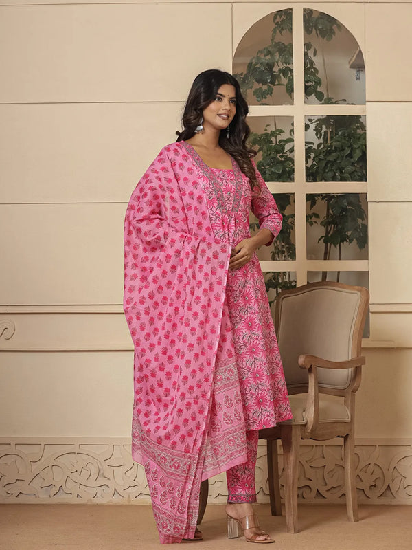 Yufta Pink Cotton Sequins_Work Kurta Dupatta Set