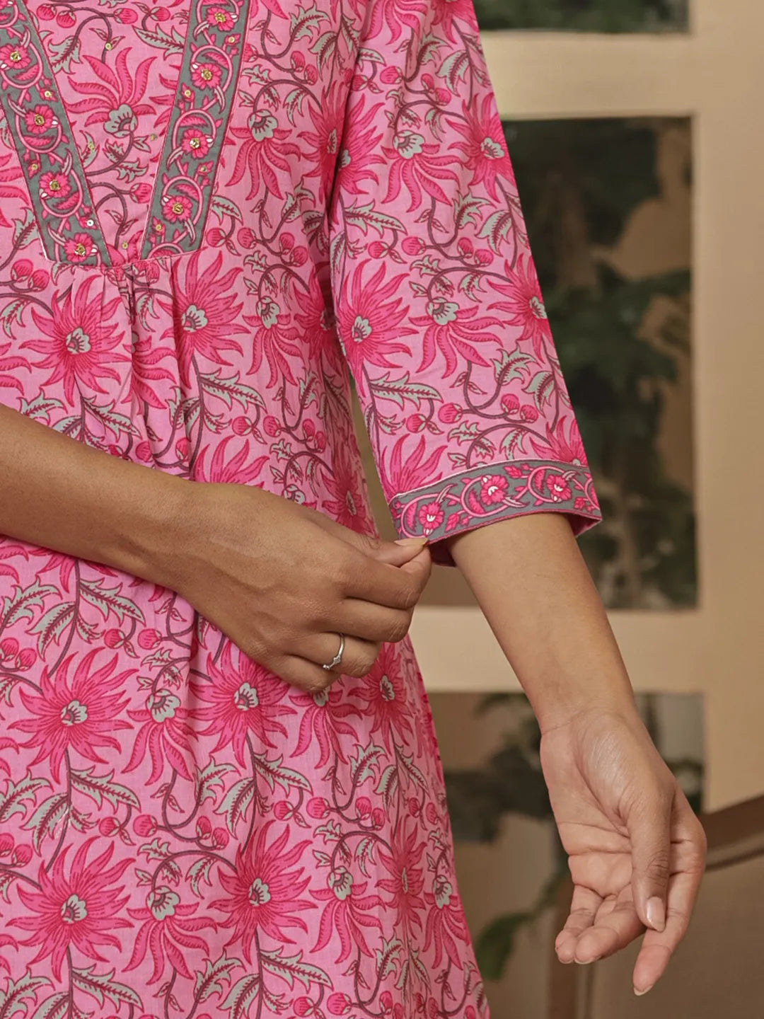 Yufta Pink Cotton Sequins_Work Kurta Dupatta Set