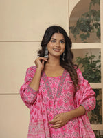 Thumbnail for Yufta Pink Cotton Sequins_Work Kurta Dupatta Set