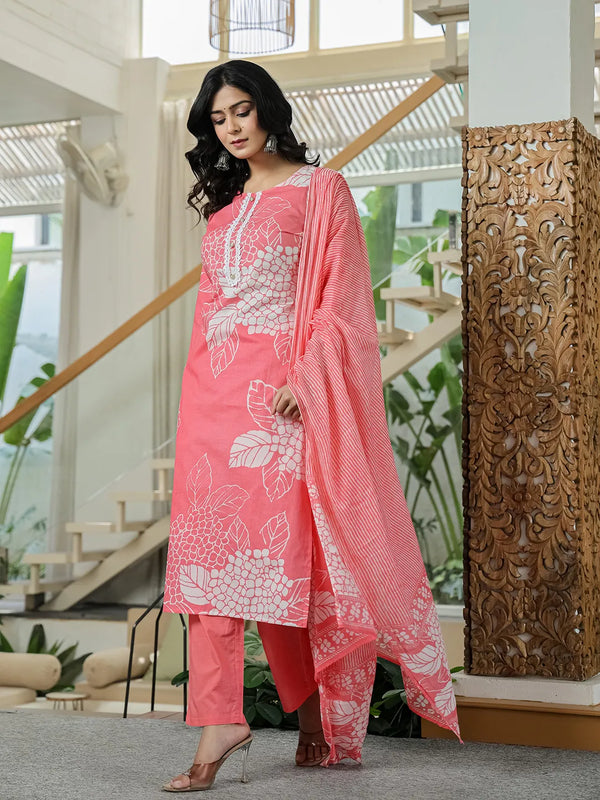 Yufta Pink Cotton Straight Lace Wor Kurta Dupatta Set