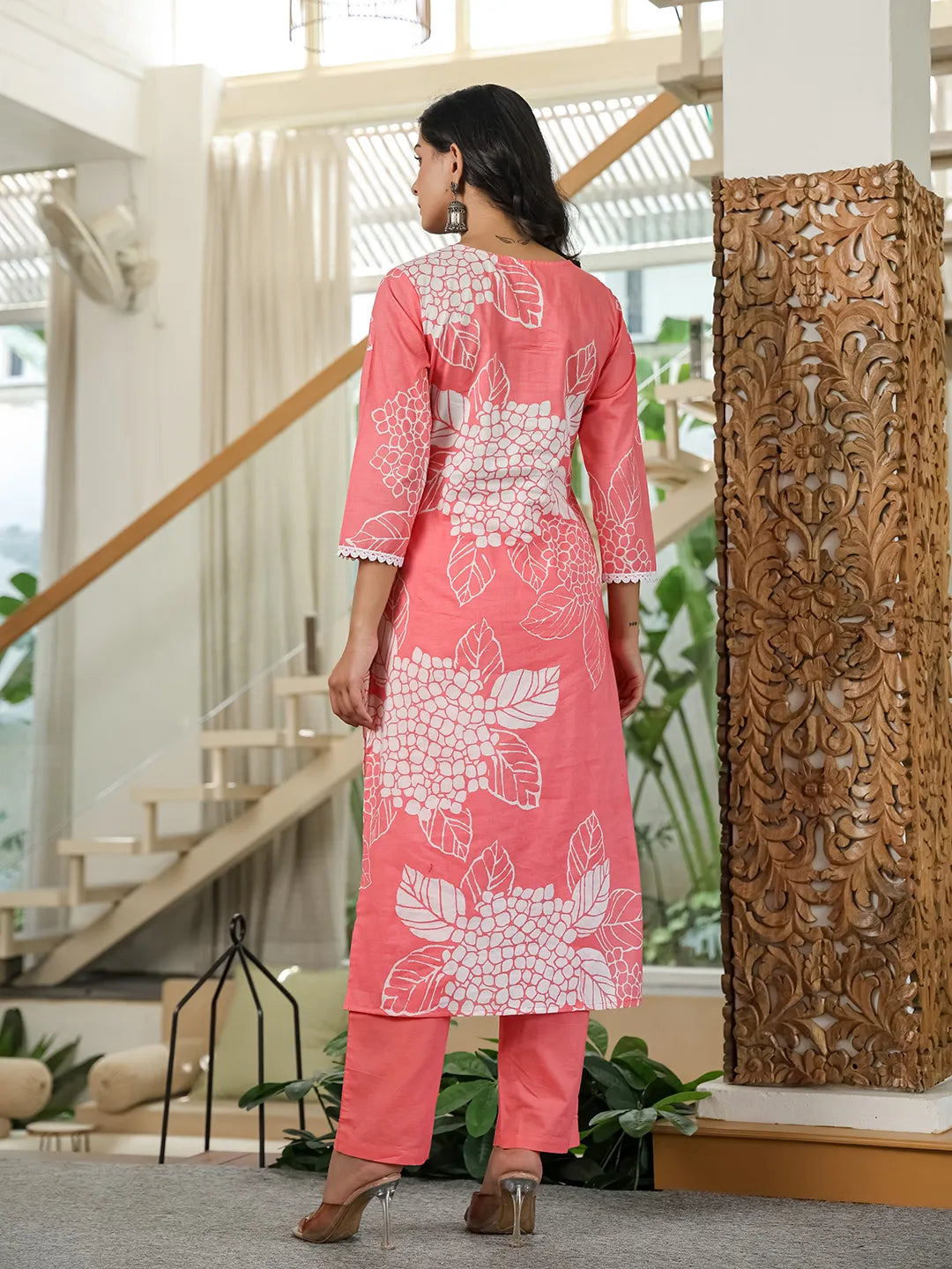 Yufta Pink Cotton Straight Lace Wor Kurta Dupatta Set