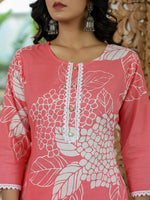 Thumbnail for Yufta Pink Cotton Straight Lace Wor Kurta Dupatta Set