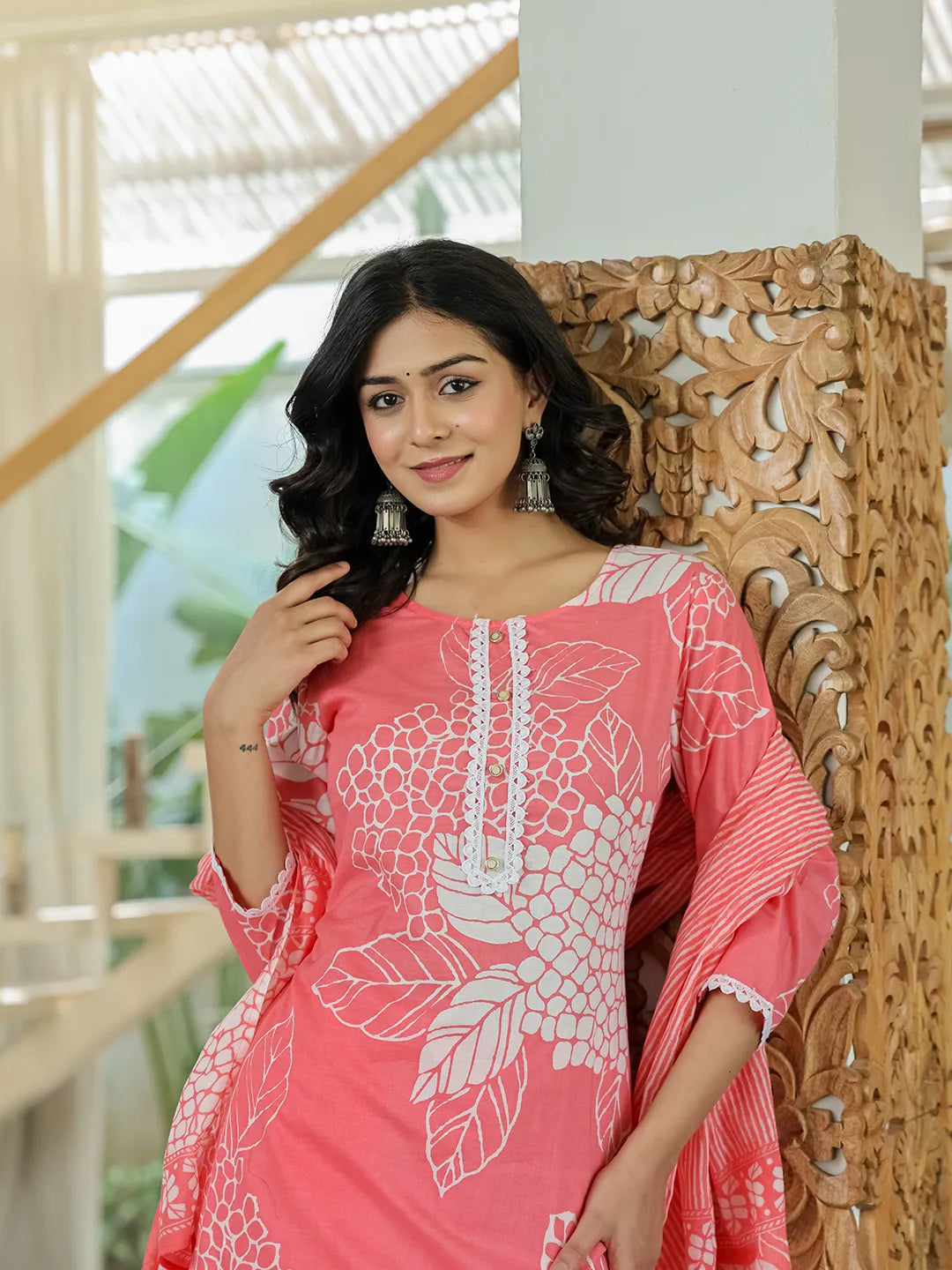 Yufta Pink Cotton Straight Lace Wor Kurta Dupatta Set
