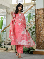 Thumbnail for Yufta Pink Cotton Straight Lace Wor Kurta Dupatta Set