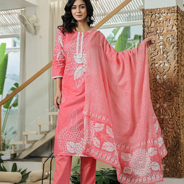 Yufta Pink Cotton Straight Lace Wor Kurta Dupatta Set - Distacart