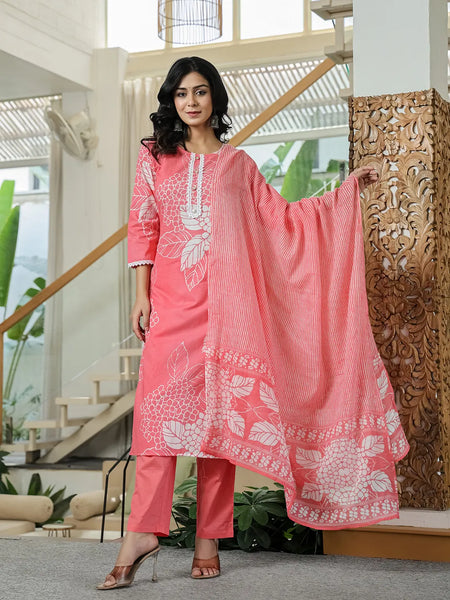Yufta Pink Cotton Straight Lace Wor Kurta Dupatta Set