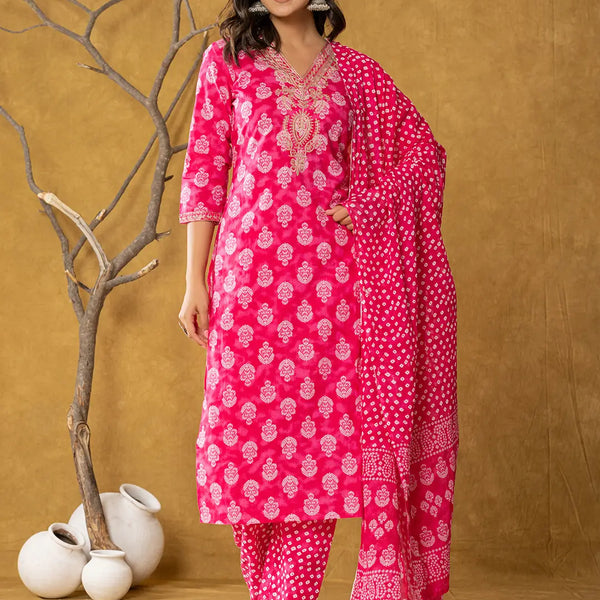 Yufta Pink Cotton Zari Work Straight Kurta Dupatta Set - Distacart