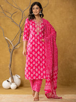 Thumbnail for Yufta Pink Cotton Zari Work Straight Kurta Dupatta Set