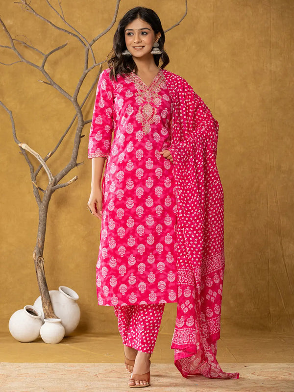 Yufta Pink Cotton Zari Work Straight Kurta Dupatta Set
