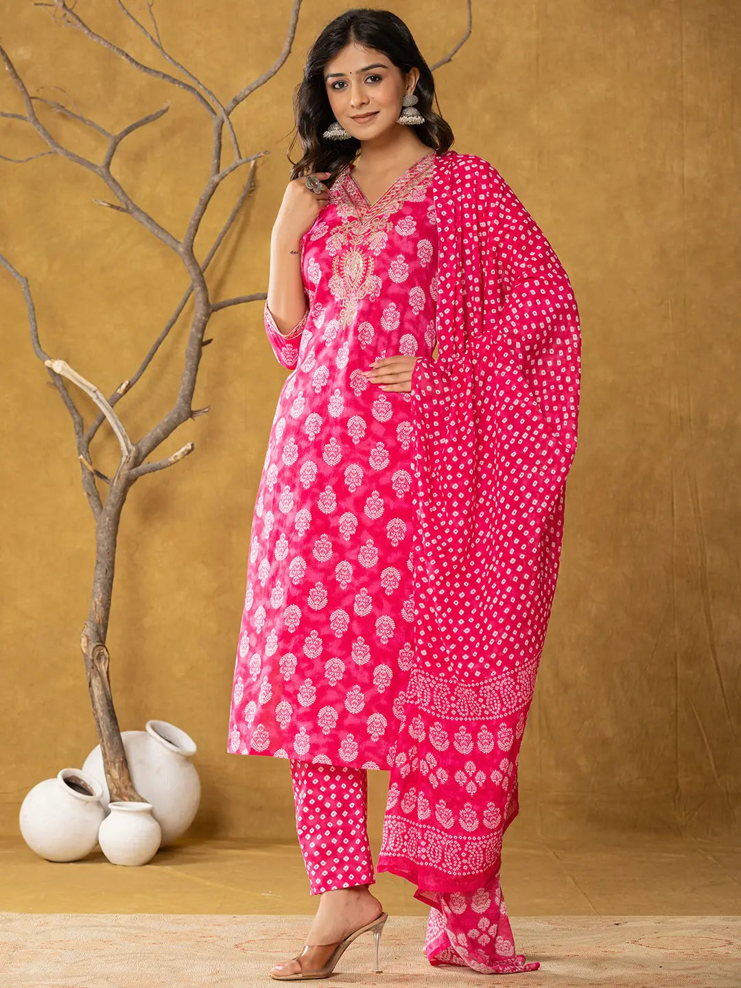 Yufta Pink Cotton Zari Work Straight Kurta Dupatta Set - Distacart