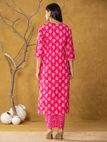 Thumbnail for Yufta Pink Cotton Zari Work Straight Kurta Dupatta Set