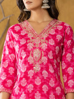 Thumbnail for Yufta Pink Cotton Zari Work Straight Kurta Dupatta Set