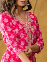 Thumbnail for Yufta Pink Cotton Zari Work Straight Kurta Dupatta Set