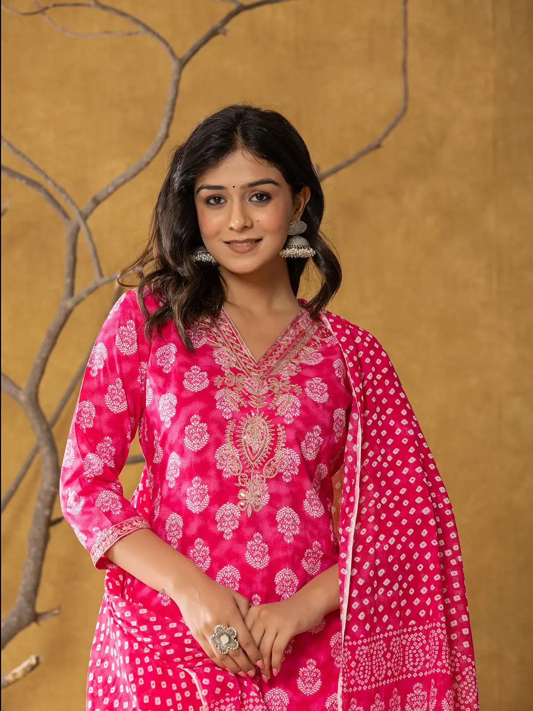 Yufta Pink Cotton Zari Work Straight Kurta Dupatta Set