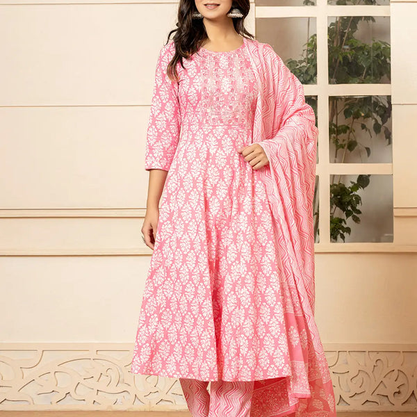 Yufta Pink Embroidered Pure Cotton Anarkali Kurta Trouser With Dupatta Set - Distacart