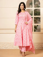 Thumbnail for Yufta Pink Embroidered Pure Cotton Anarkali Kurta Trouser With Dupatta Set