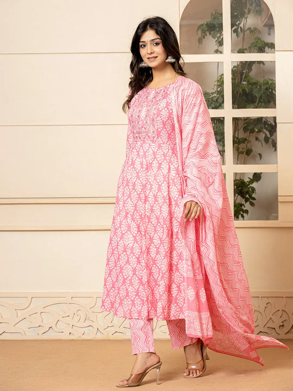 Yufta Pink Embroidered Pure Cotton Anarkali Kurta Trouser With Dupatta Set