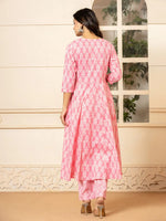 Thumbnail for Yufta Pink Embroidered Pure Cotton Anarkali Kurta Trouser With Dupatta Set