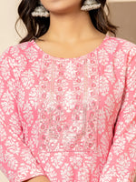 Thumbnail for Yufta Pink Embroidered Pure Cotton Anarkali Kurta Trouser With Dupatta Set