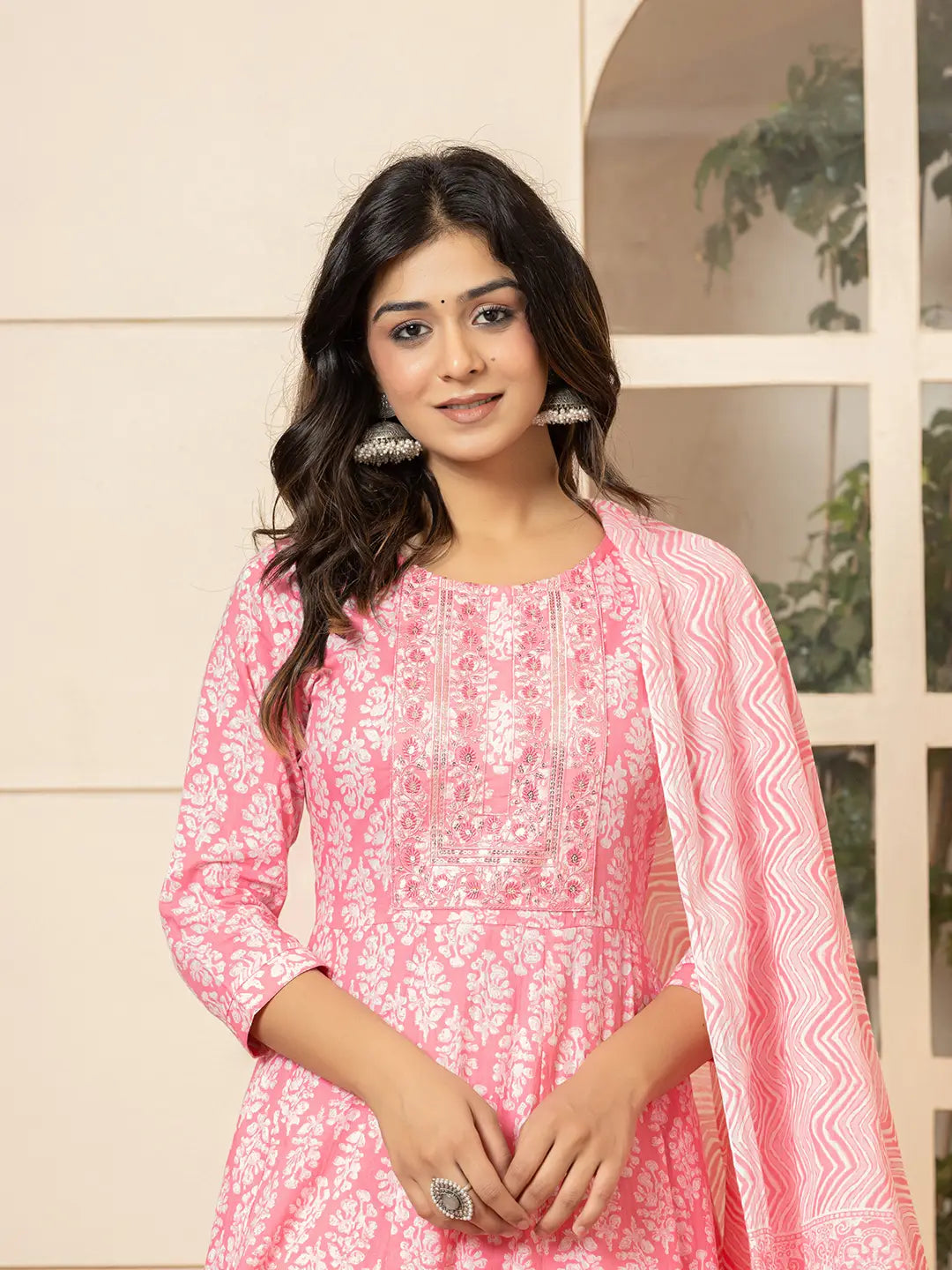 Yufta Pink Embroidered Pure Cotton Anarkali Kurta Trouser With Dupatta Set